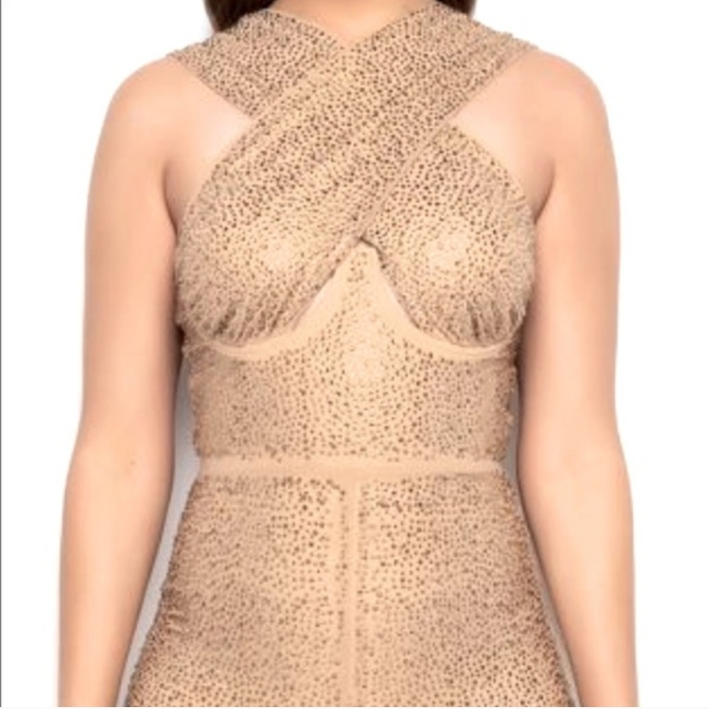 AKIRA Cross Front Underwire Tan And Gold Rhinestoned Romper Size Medium